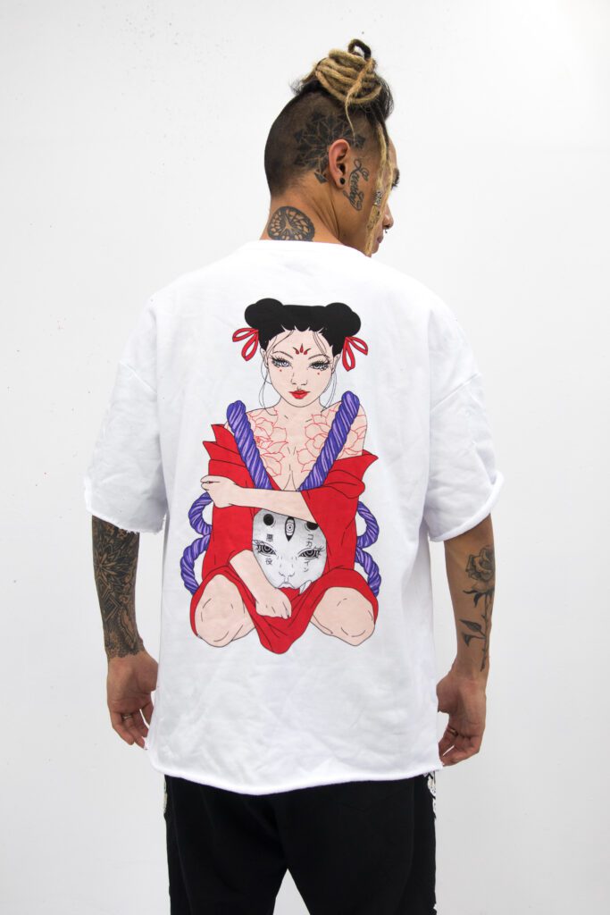 Kokaine geisha white tshirt, male wearing it on studio backdrop