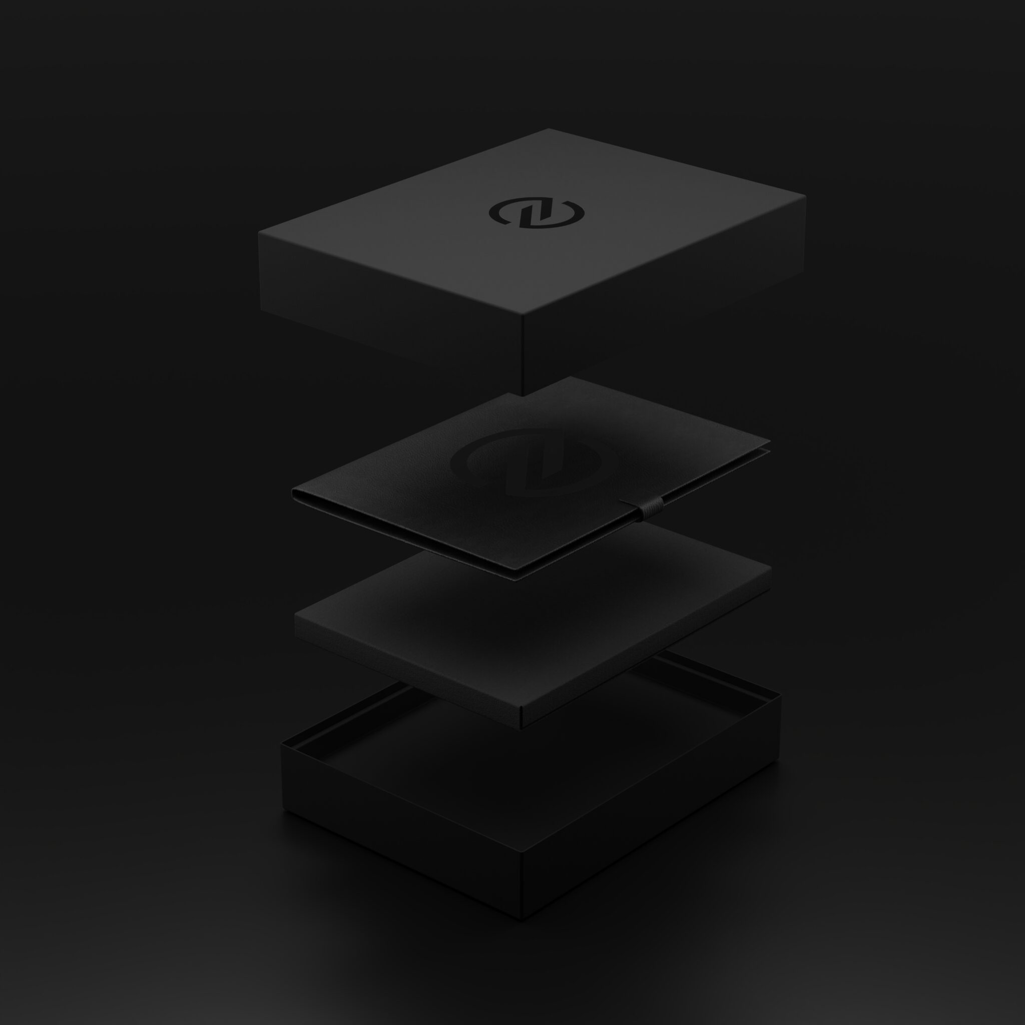 NOTA notebook, 3d rendered packaging black, stacked and flatlay, floating and layered